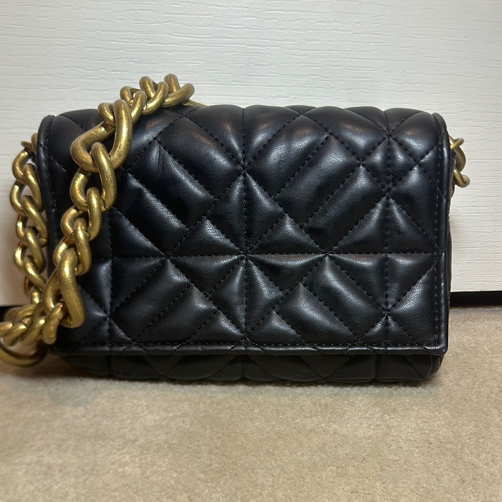 Black Quilted Leather Bag with Gold Chain